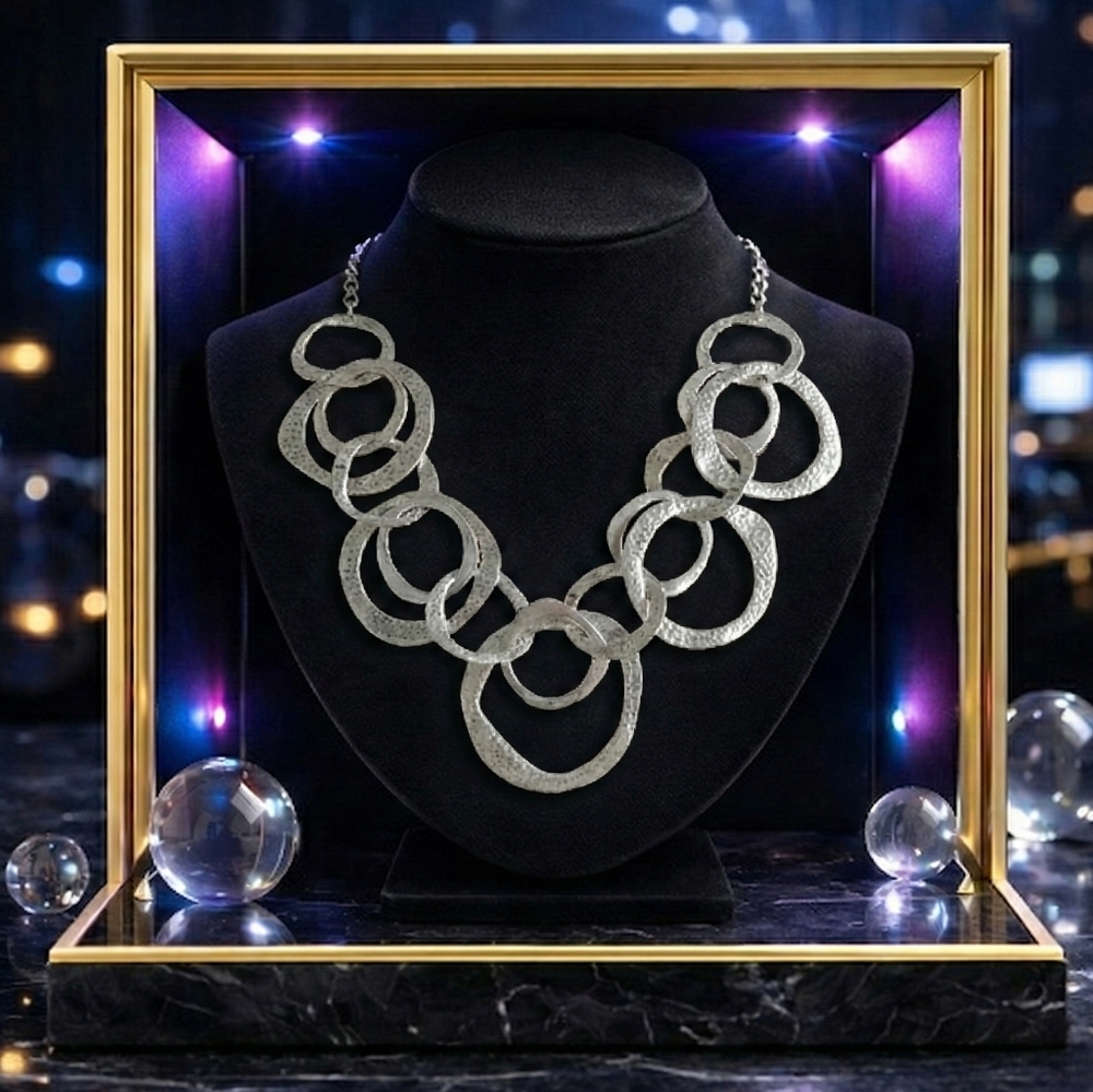 Turkish Artisan Zamak Silver Plated Textured Circle Statement Necklace Boho Chic